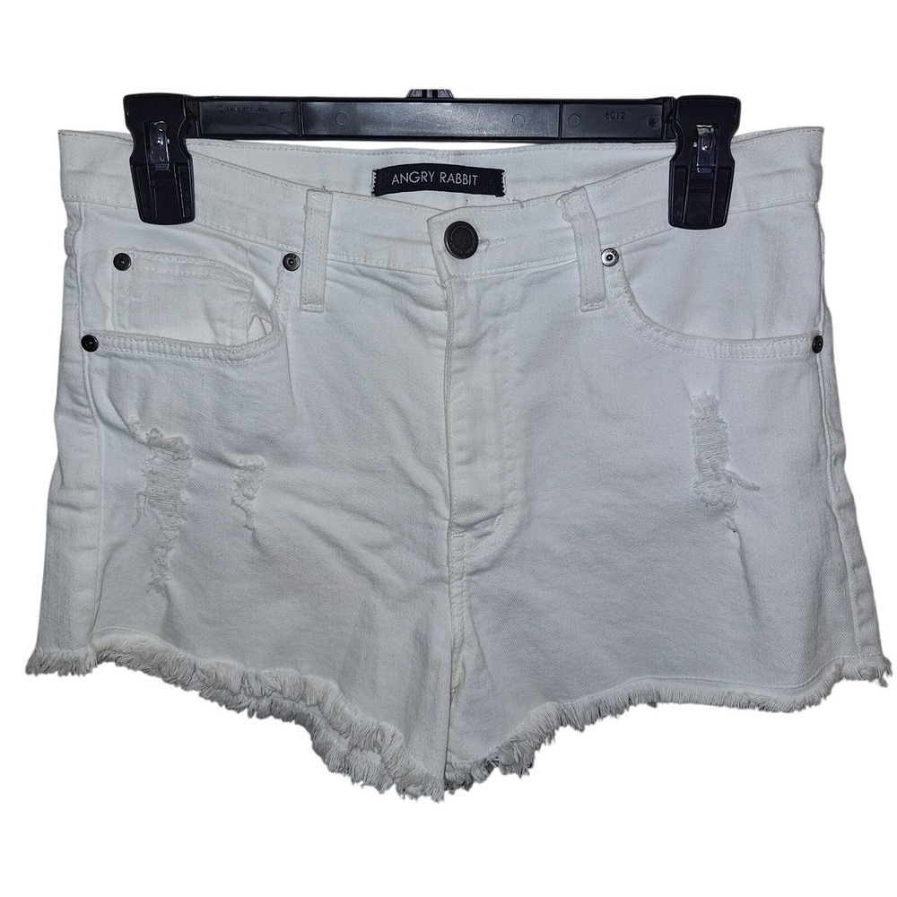 ANGRY RABBIT Womens‎ White Distressed Denim Cutoff Shorts Frayed Hem Size 30
